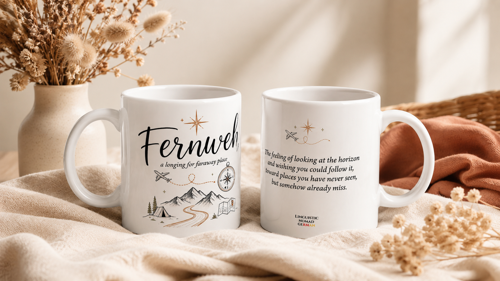 Two Fernweh mugs showing the front and back design